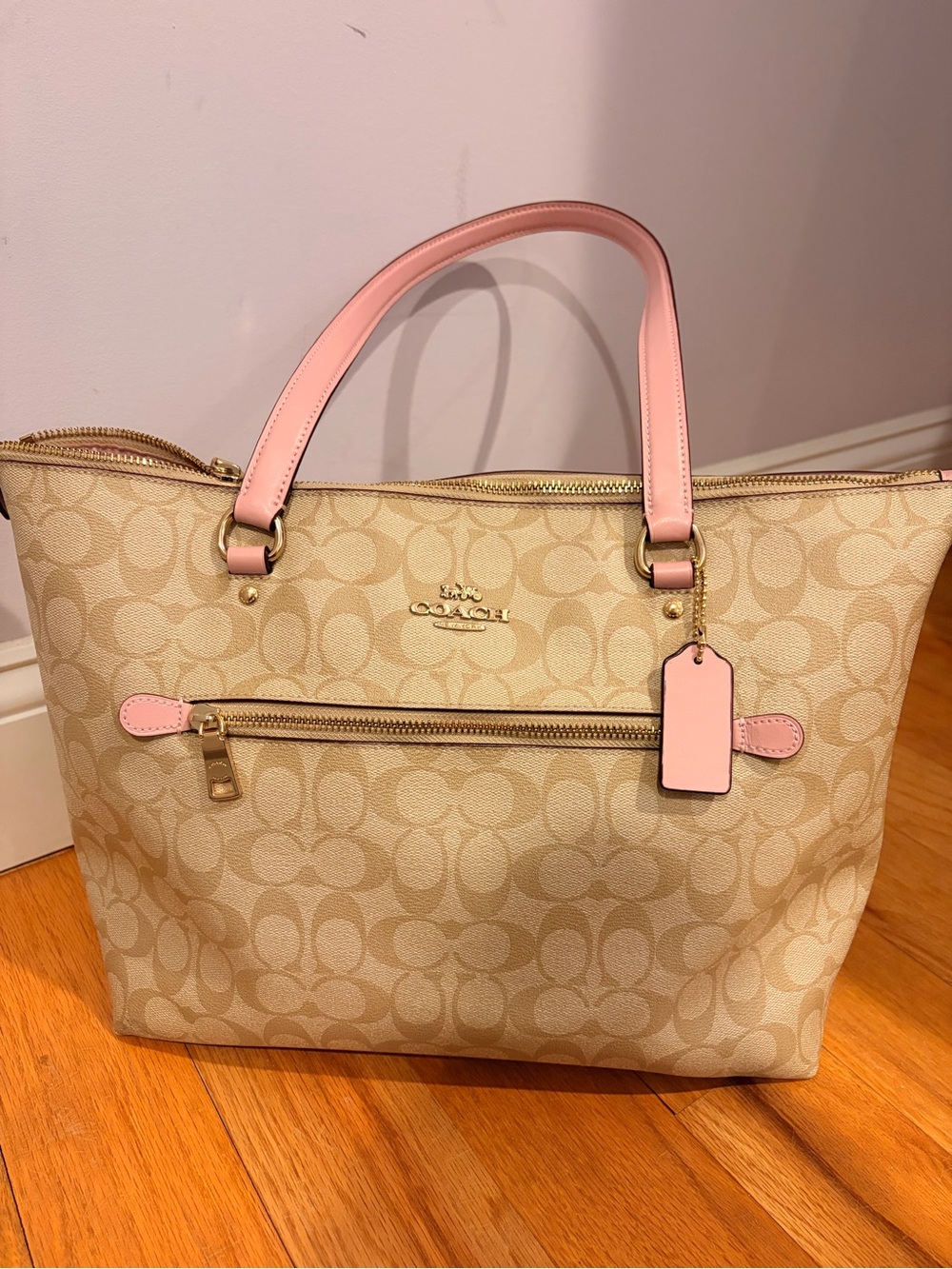 Coach Beige Signature Tote with Pink Leather Trim